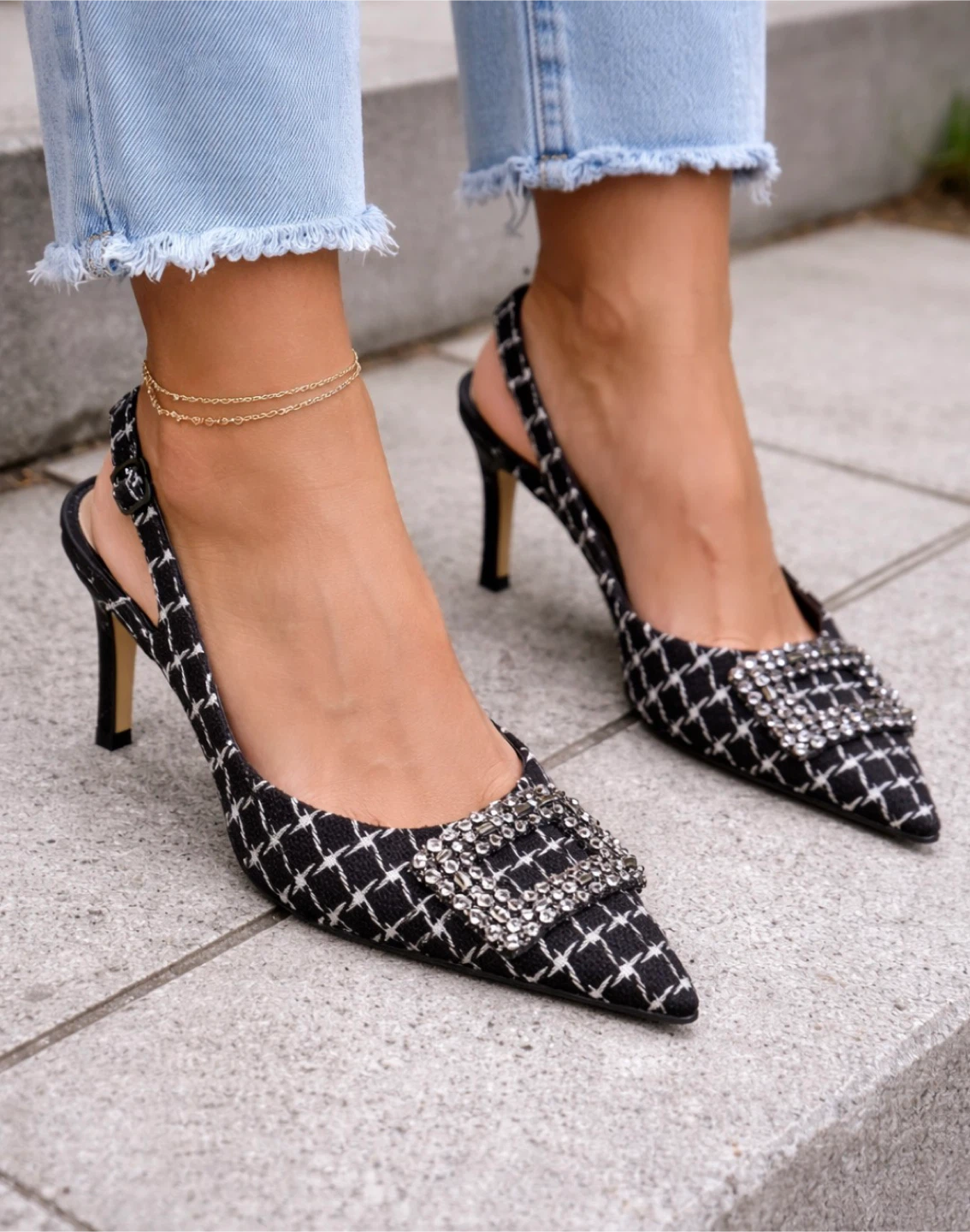 ZARA Women's Slingback Heels Black White Embellished Size 40