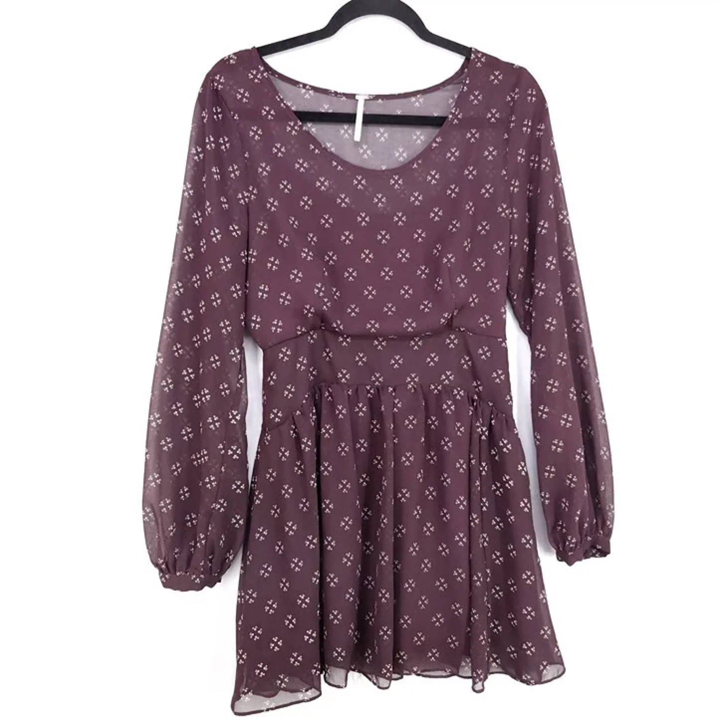 Free People Women's Burgundy Sheer Printed Mini Dress