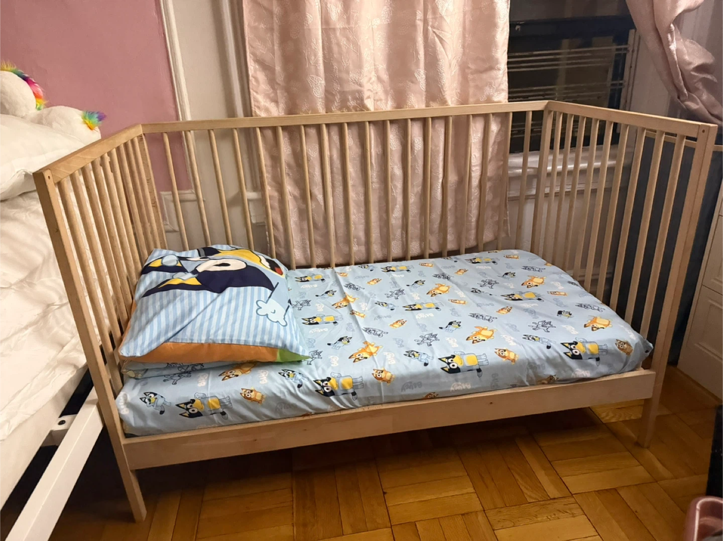 Wooden Crib with Bluey Bedding