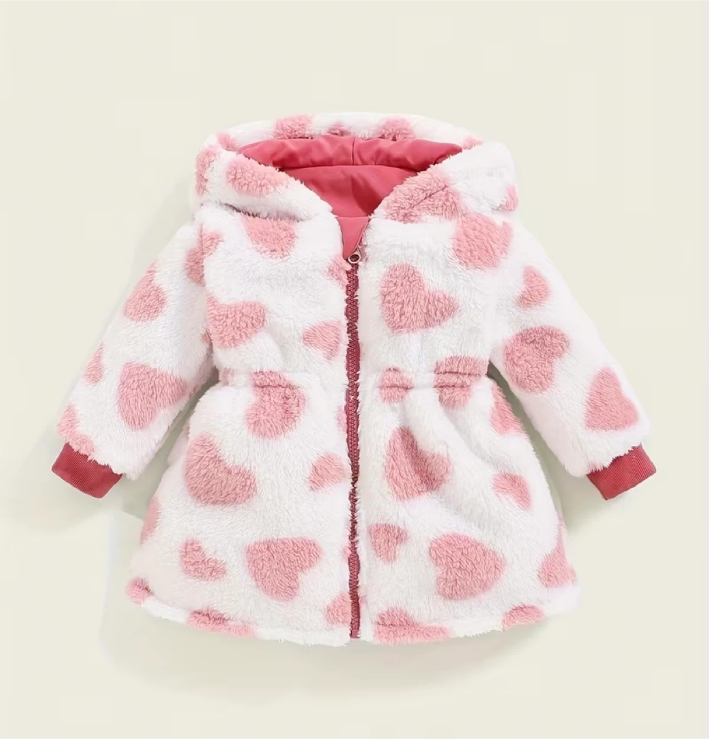 Kids Pink Heart Print Fuzzy Hooded Jacket - photo 2