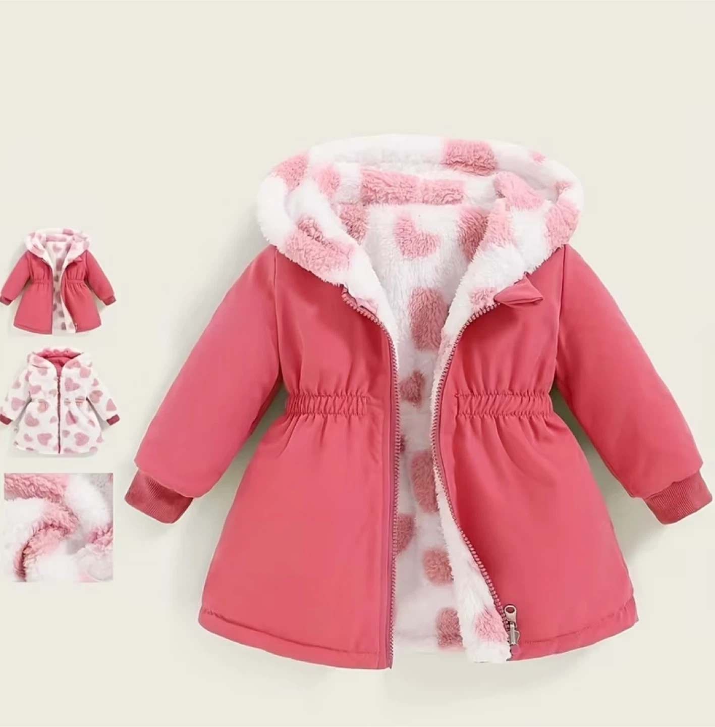 Kids Pink Heart Print Fuzzy Hooded Jacket - photo 3