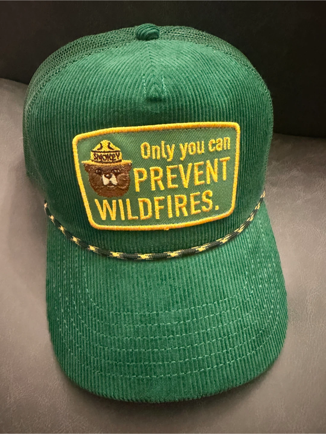 Green Smokey Bear "  Wildfires" Corduroy Trucker Hat