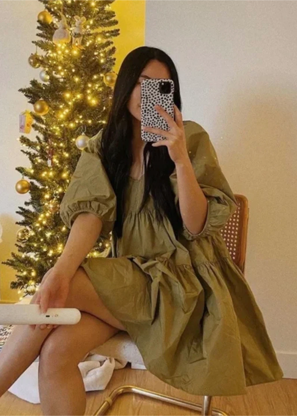 Wilfred / aritzia Olive Green Tiered Puff Sleeve Mini Dress - photo 2