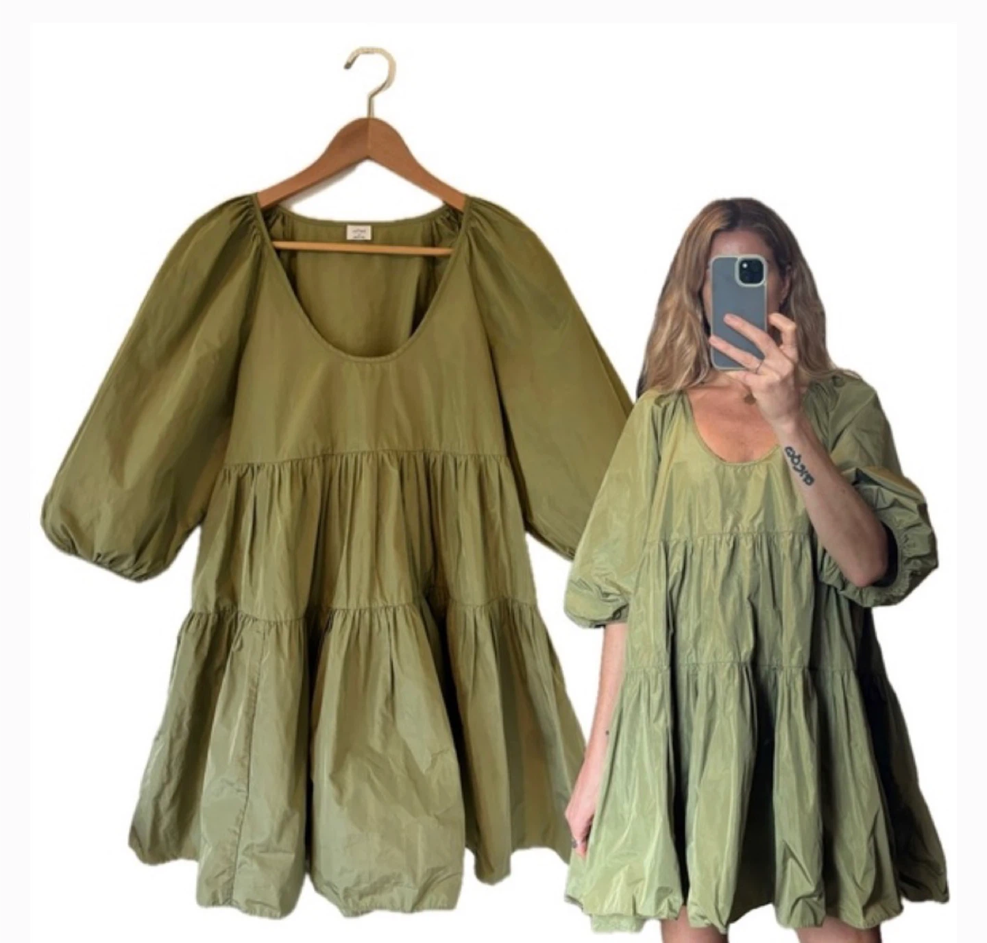 Wilfred / aritzia Olive Green Tiered Puff Sleeve Mini Dress