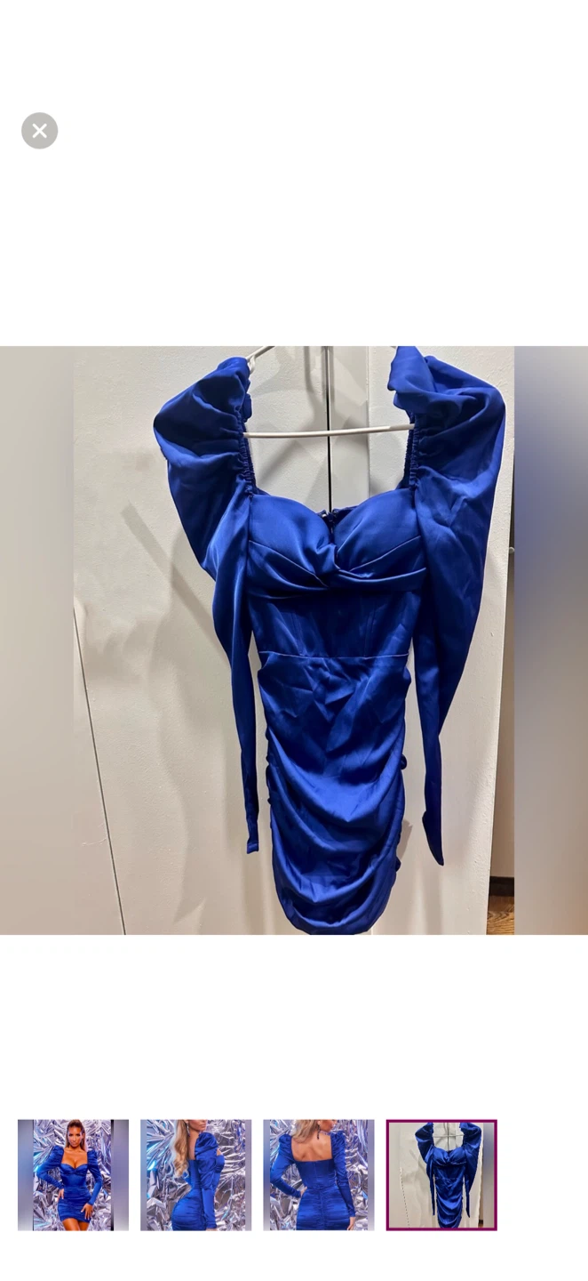 Oh Polly Royal Blue Satin Puff Sleeve Ruched Bodycon Dress - photo 2