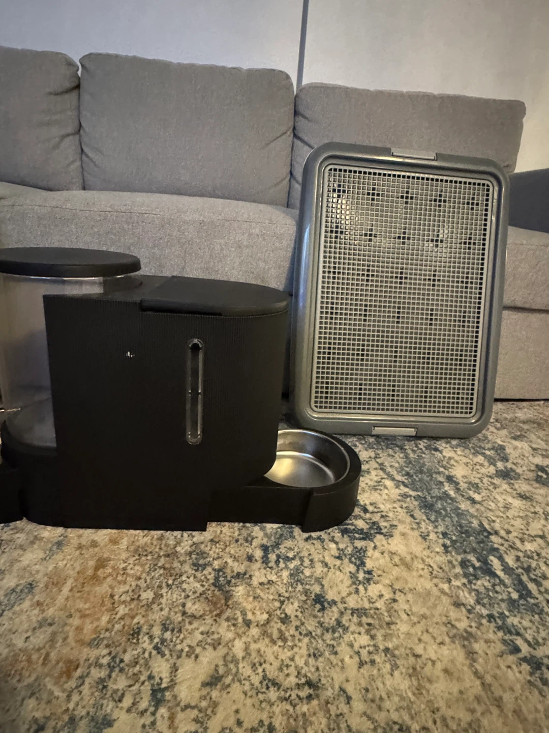 Black Pet Food Dispenser with Stainless Steel Bowl