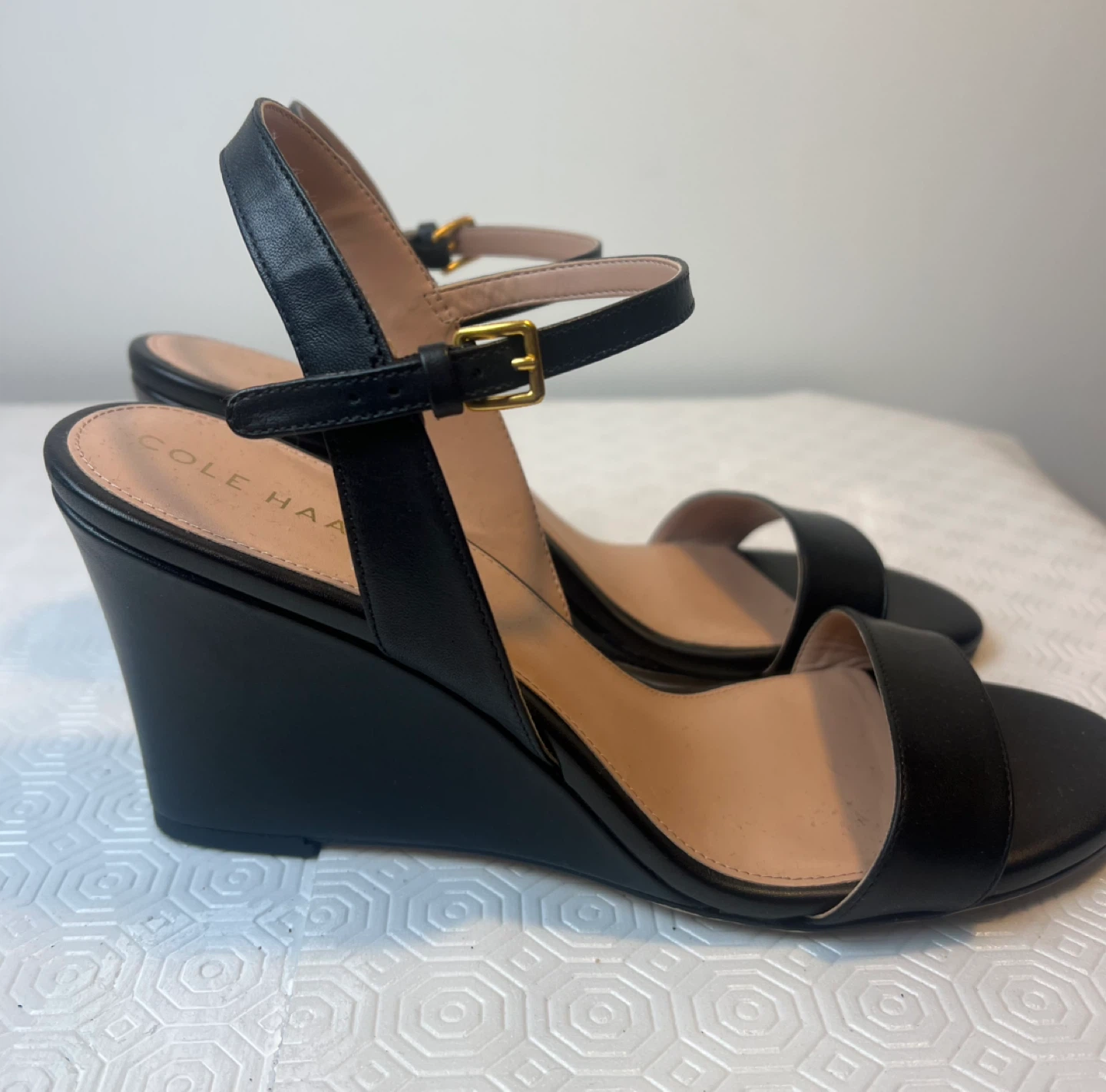 Cole Haan Black Leather Wedge Sandals