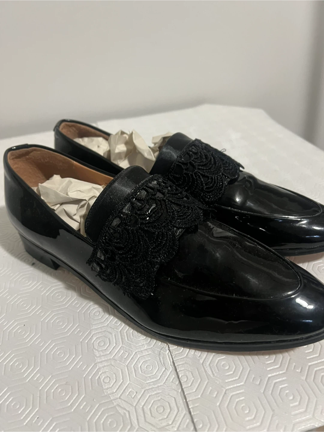 Halogen Black Patent Loafers with Lace Detail