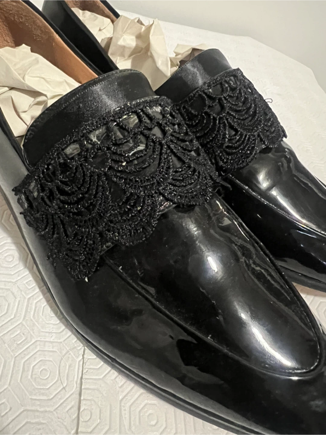 Halogen Black Patent Loafers with Lace Detail - photo 3