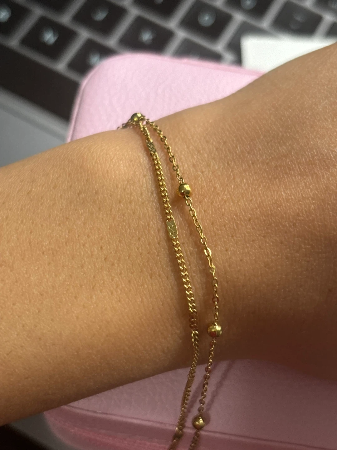 18k gold plated waterproof Double Chain Gold Bracelet with Beads