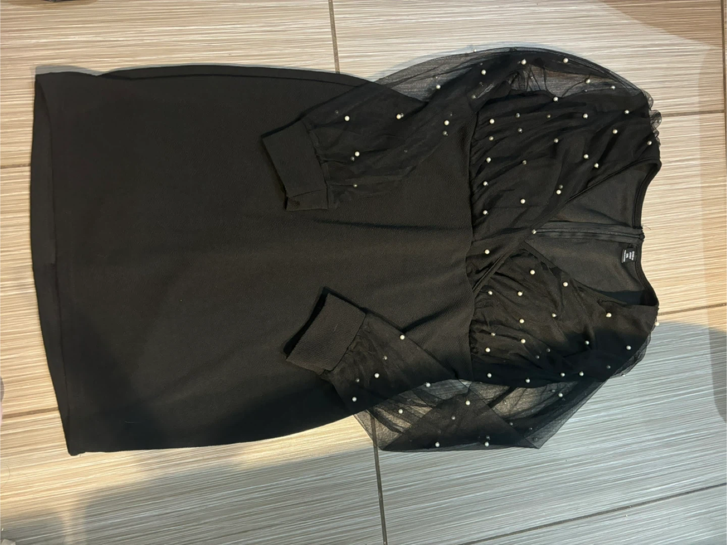 Women’s Black Sheer Pearl Sleeve Dress