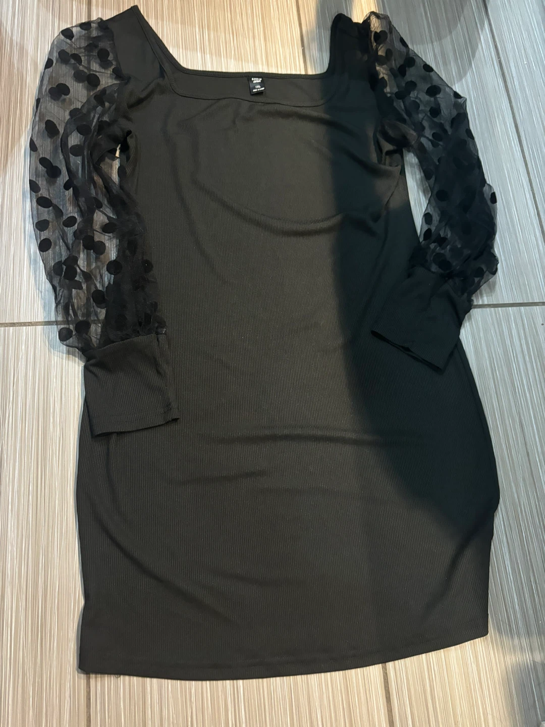 Black Shein Ribbed Dress with Mesh Polka Dot Sleeves