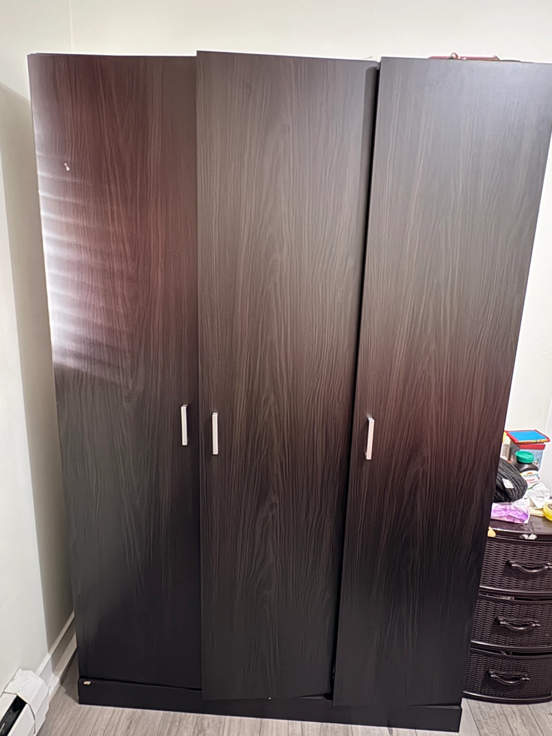Dark Wood Finish 3-Door Wardrobe Closet - photo 4