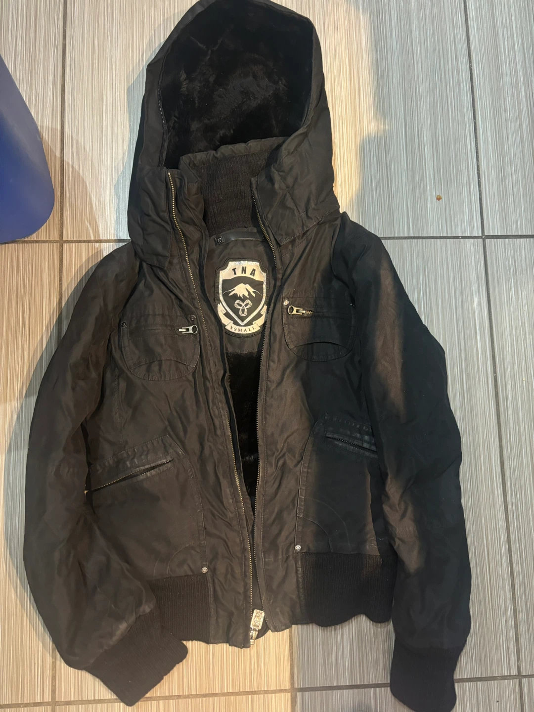 TNA Black Bomber Jacket with Fur Lined Hood - Size XS