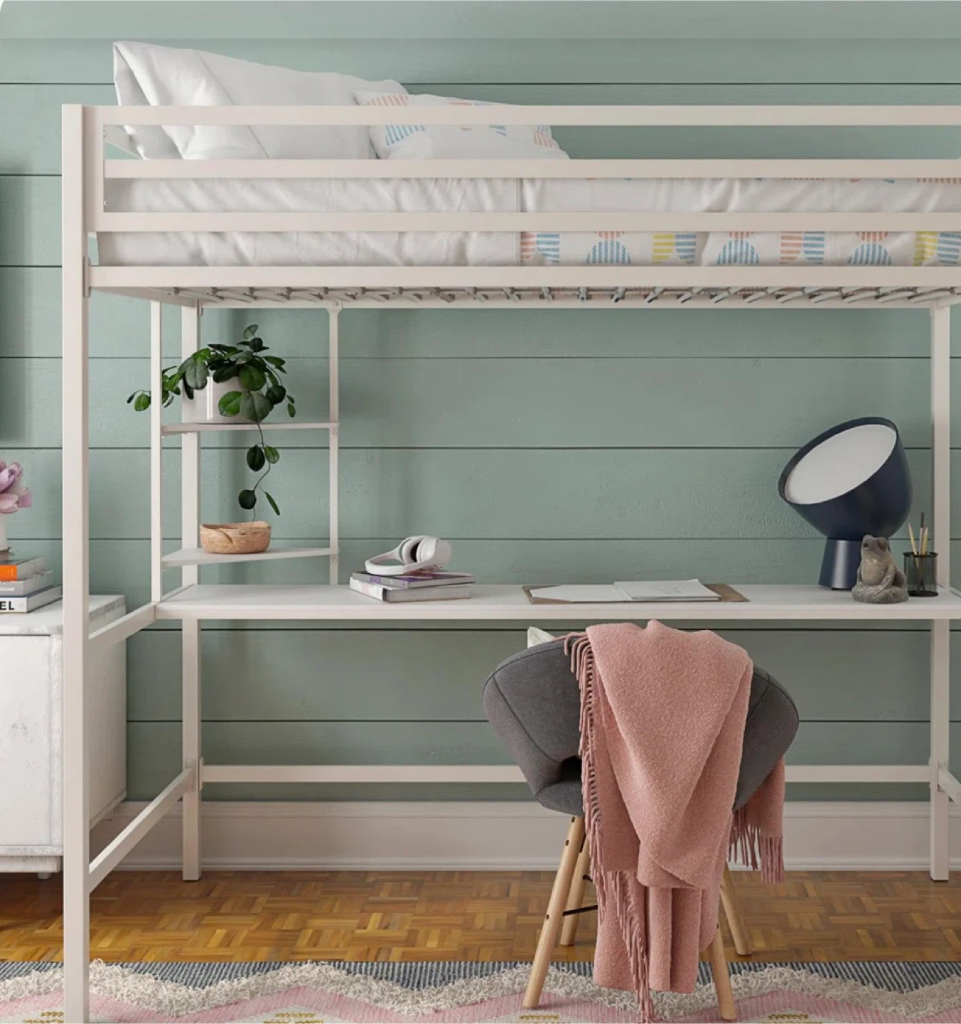 White Loft Bed with Integrated Desk and Shelving