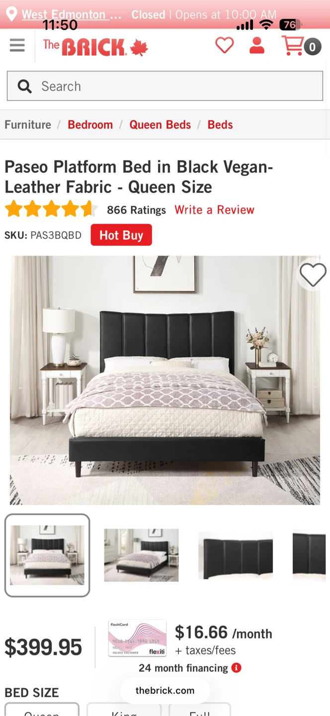 Paseo Platform Bed in Black Vegan-Leather - Queen Size - photo 2
