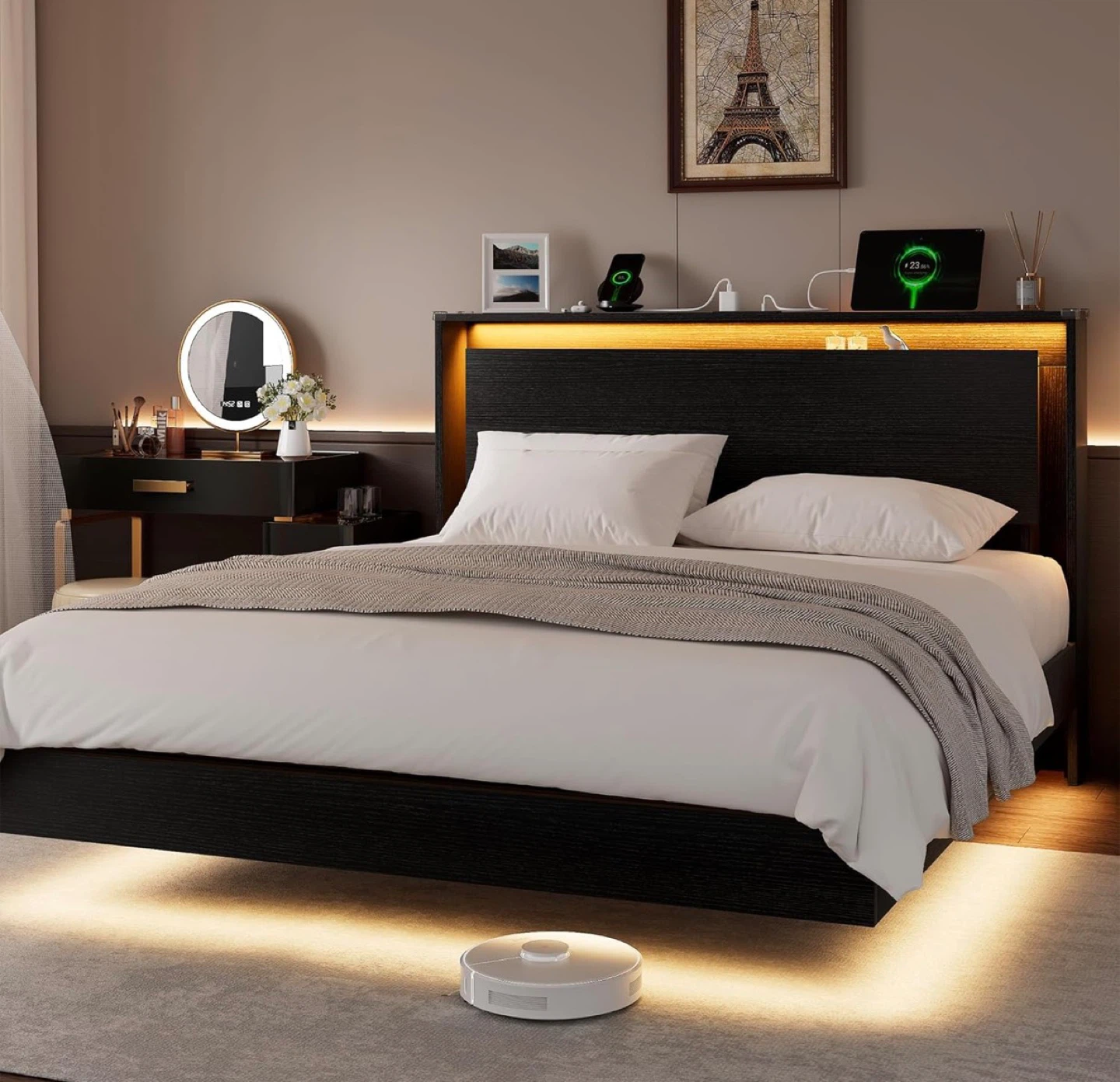 Modern LED Platform Bed Frame w/ USB Charging – Like New