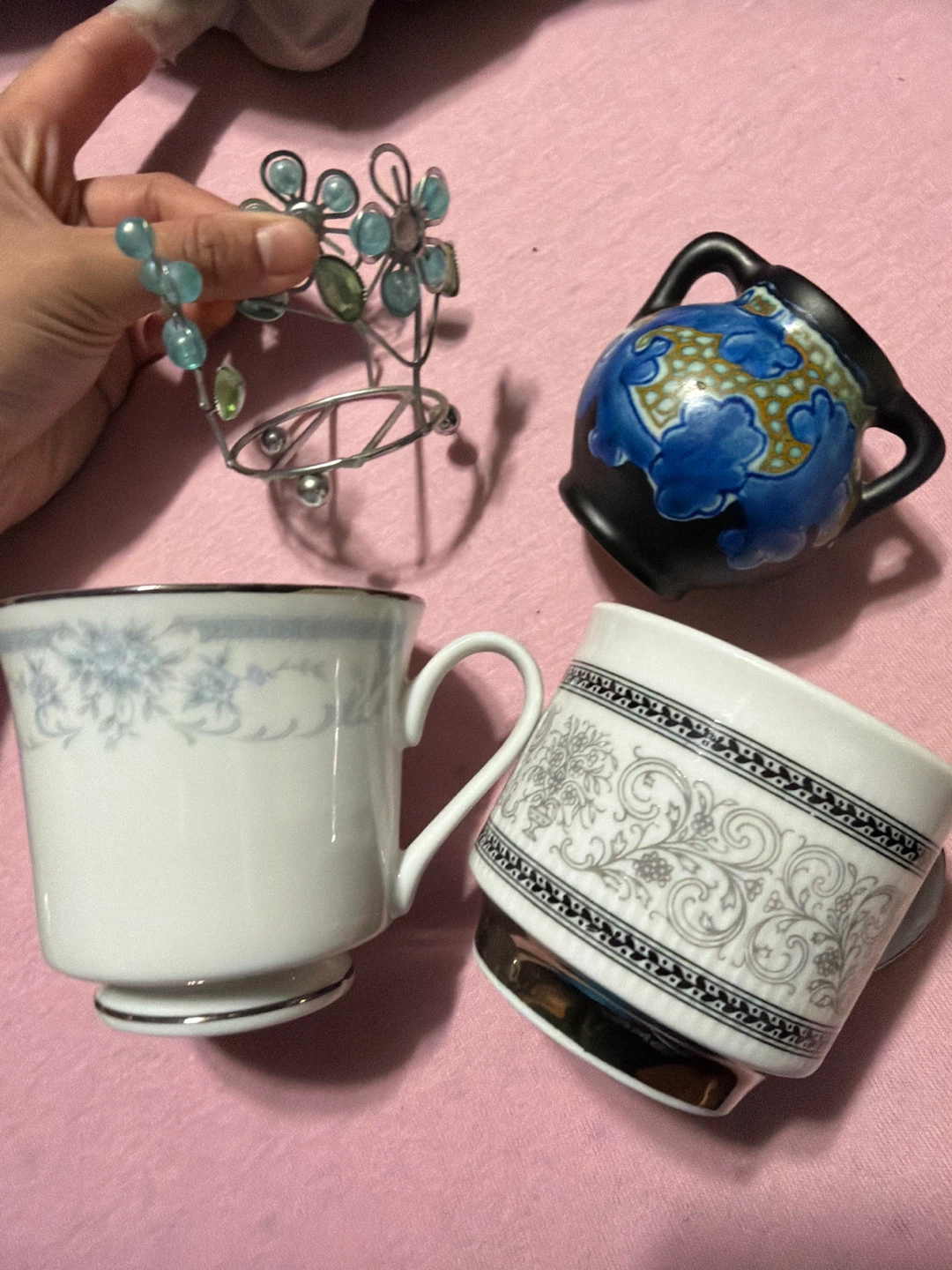 Random Decoratives 2 Cups 1 Mini Vase 1 Candle Holder