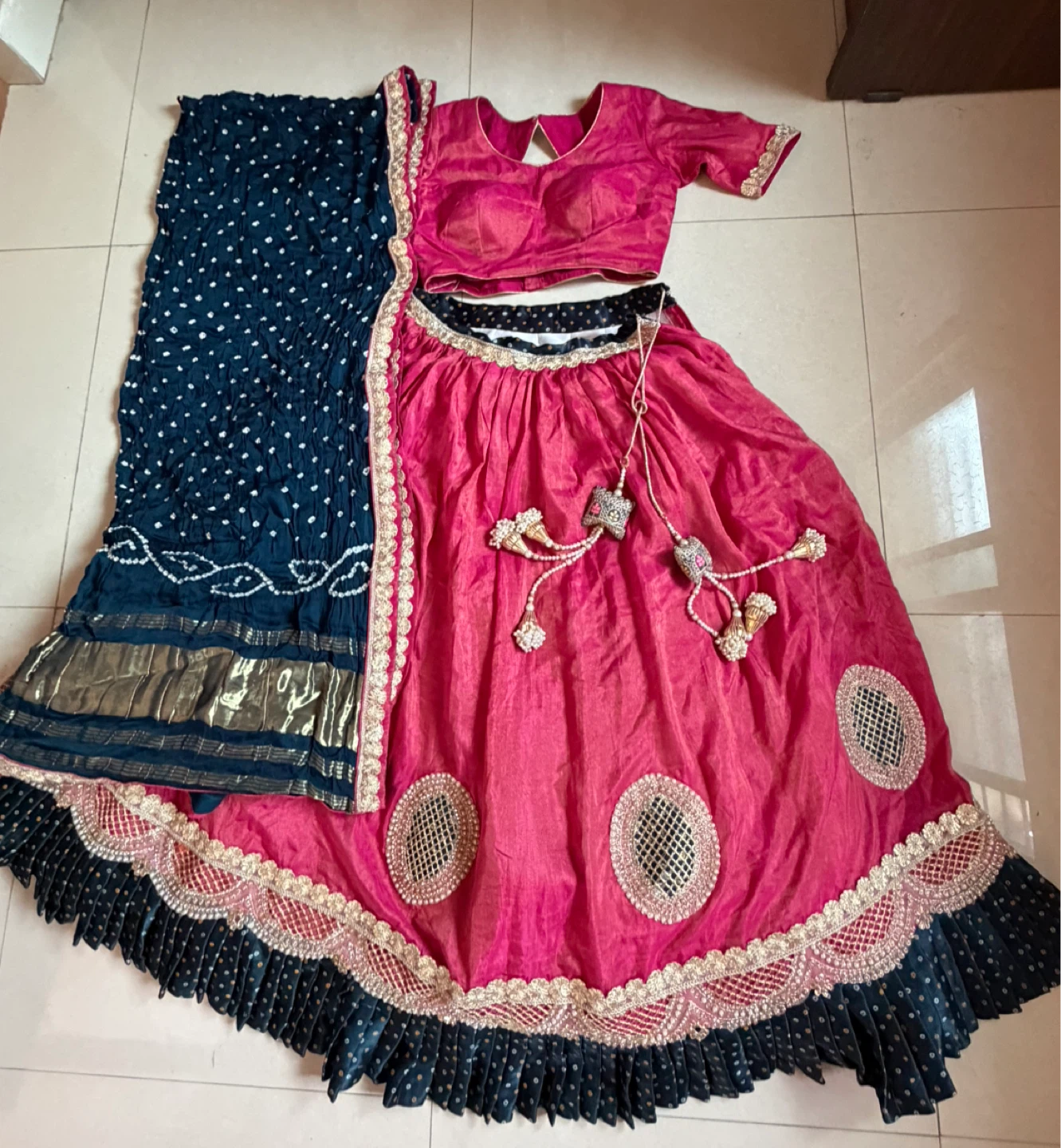 Pink and Blue Lehenga Choli Set with Dupatta