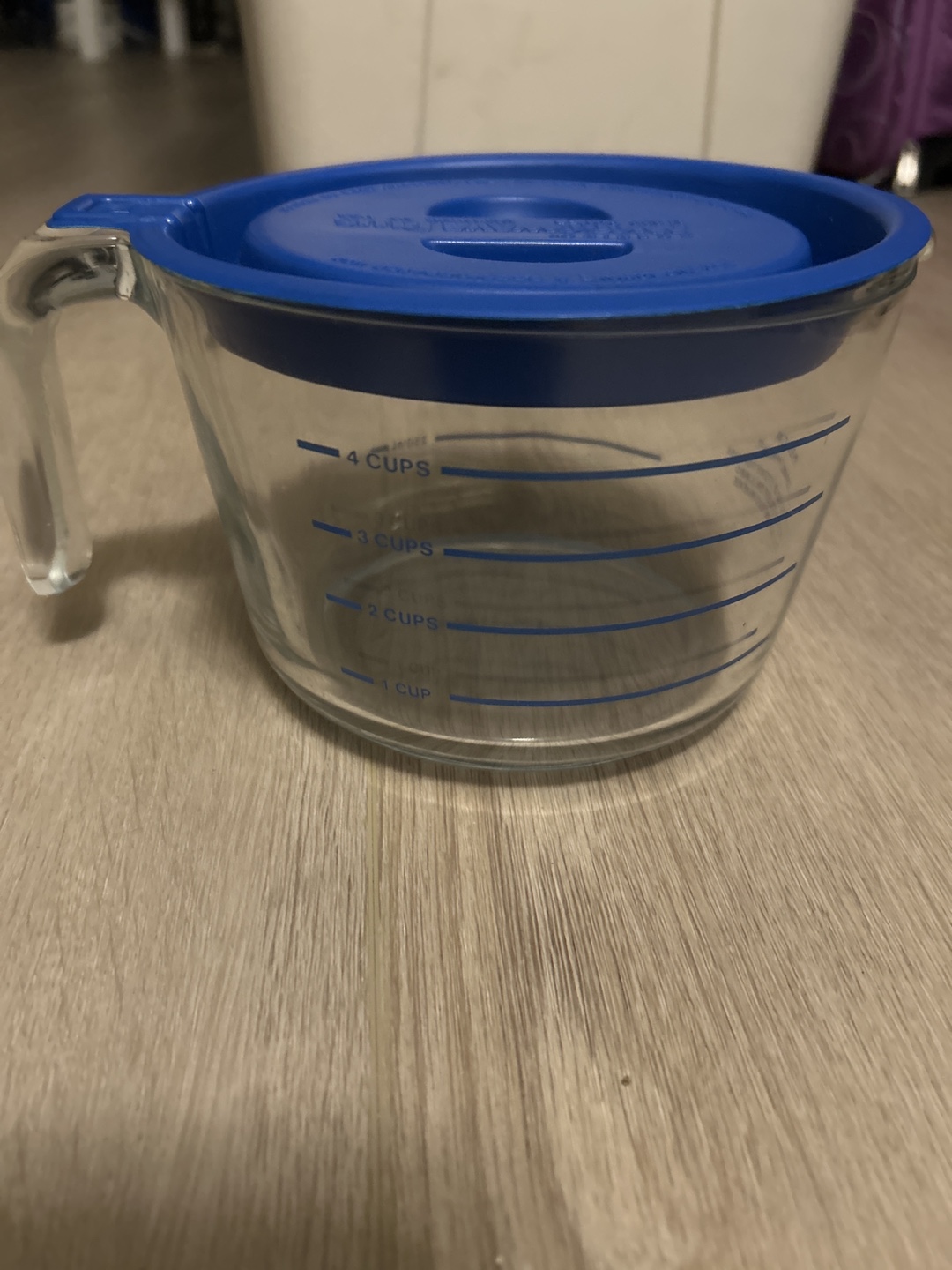 Glass Pyrex Measuring Cup with Blue Lid