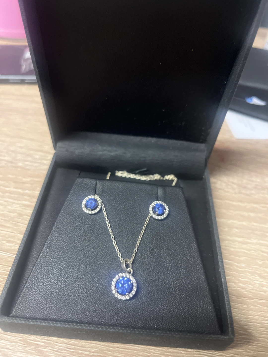 Blue Gemstone Necklace and Earring Set with Box