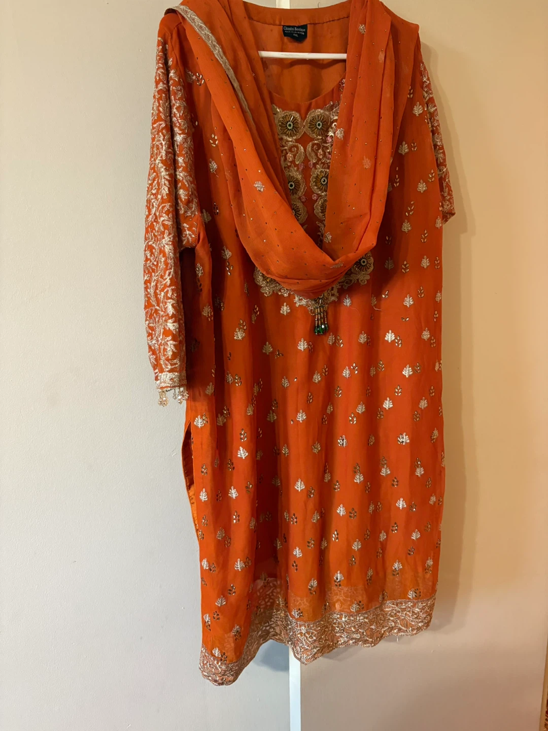 Embroidered Teal and Orange Pakistani Dresses with Dupattas - photo 5