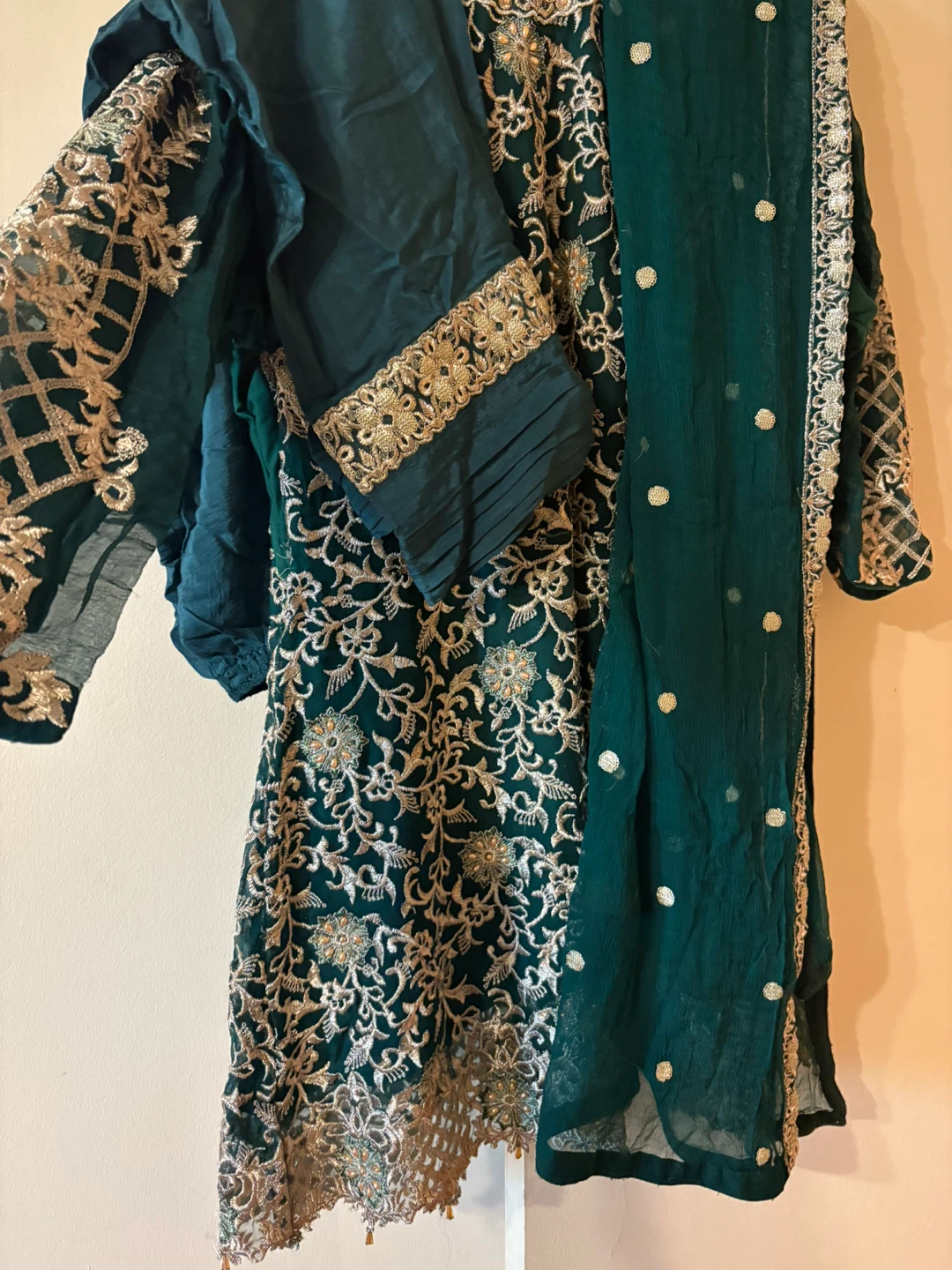 Embroidered Teal and Orange Pakistani Dresses with Dupattas - photo 3