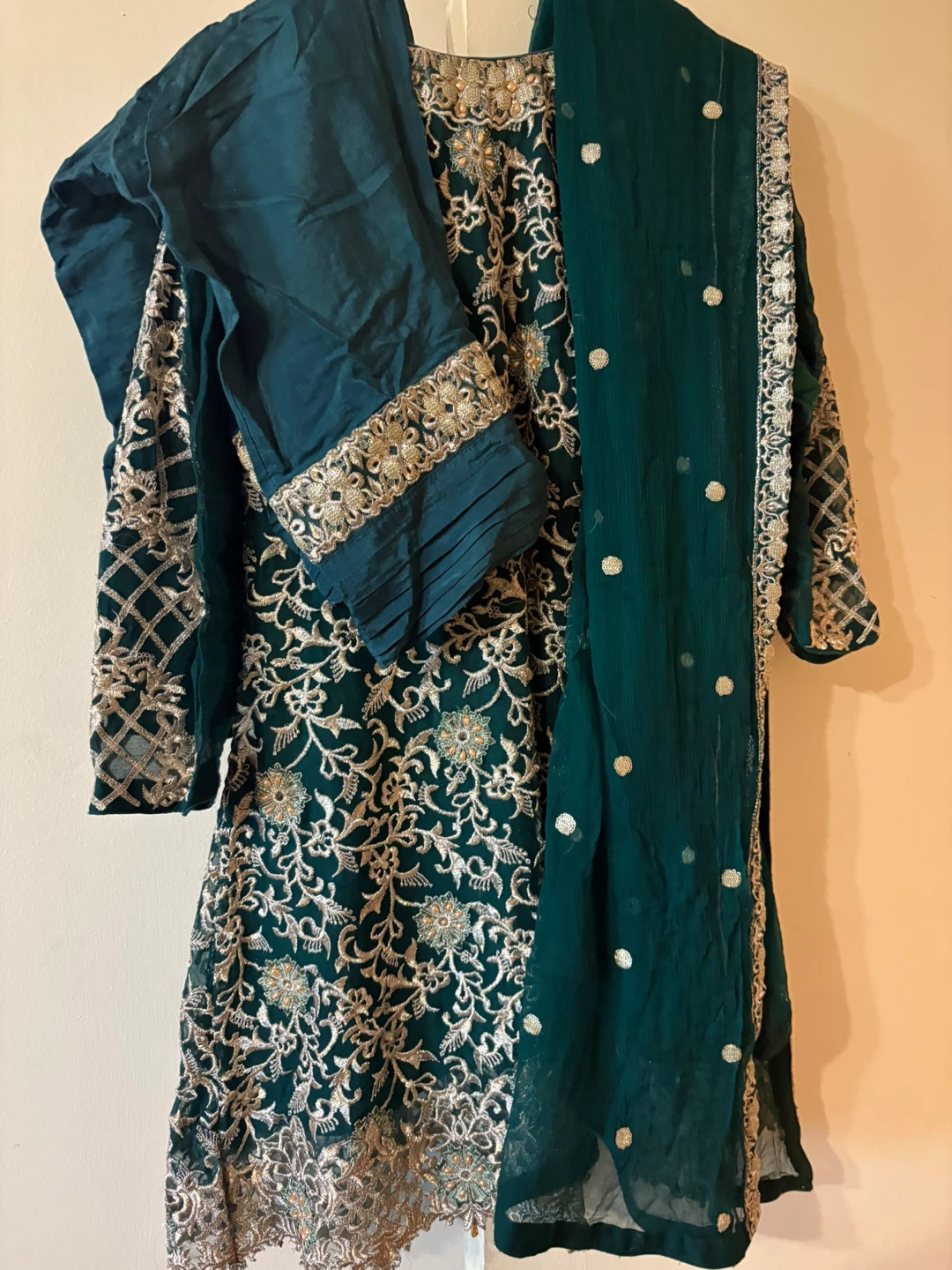 Embroidered Teal and Orange Pakistani Dresses with Dupattas - photo 4