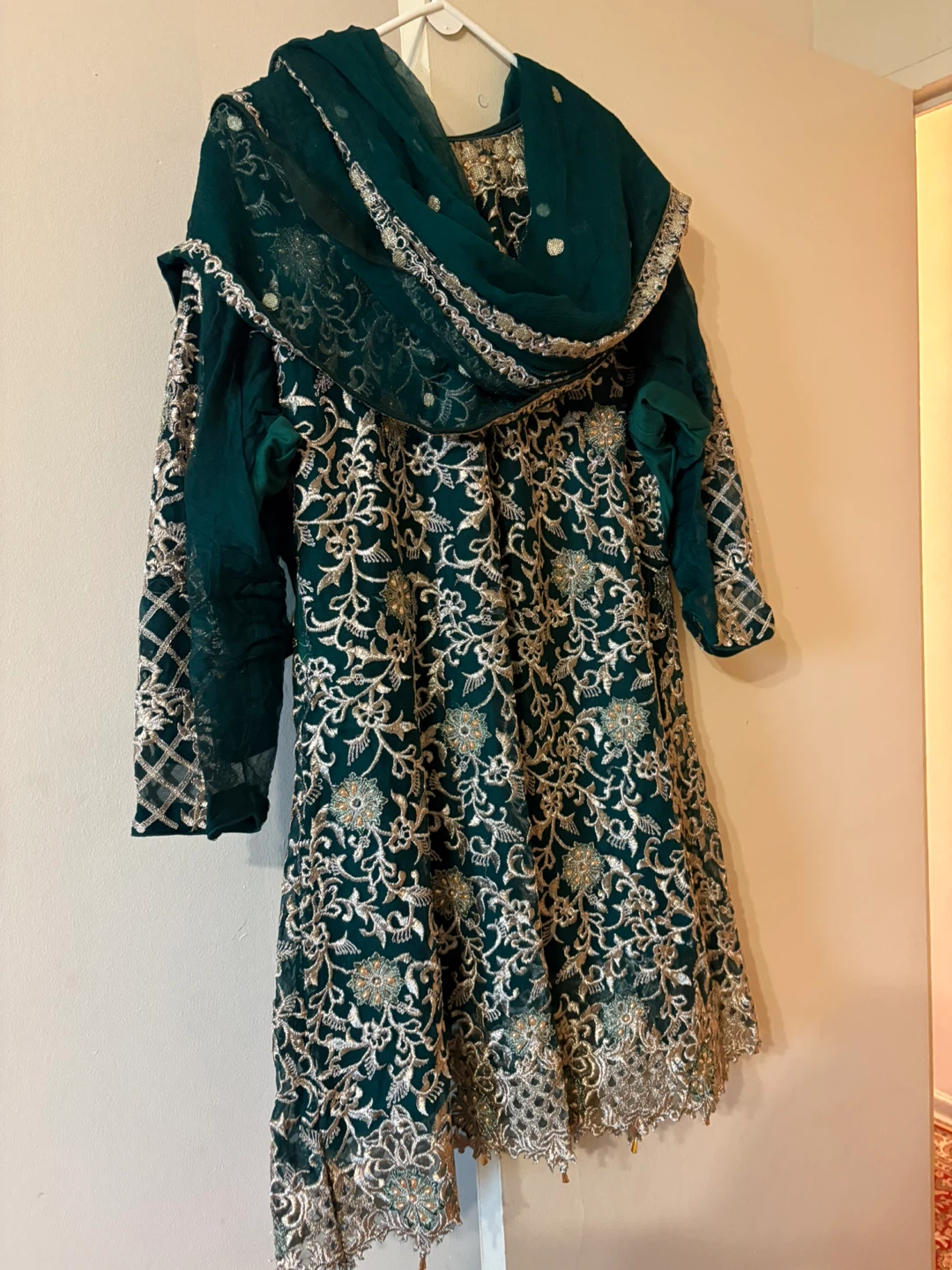 Embroidered Teal and Orange Pakistani Dresses with Dupattas - photo 2