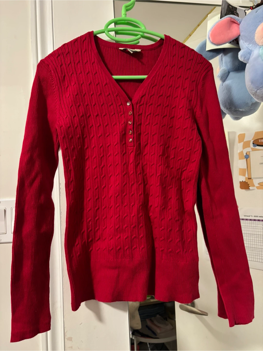 Red Cable Knit V-Neck Sweater - photo 2