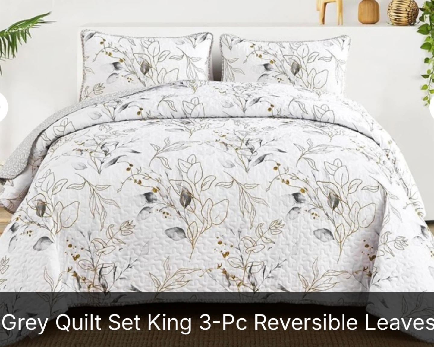 Anibedding King Quilt Set - 🥕Grey Leaves Botanical Floral - photo 2