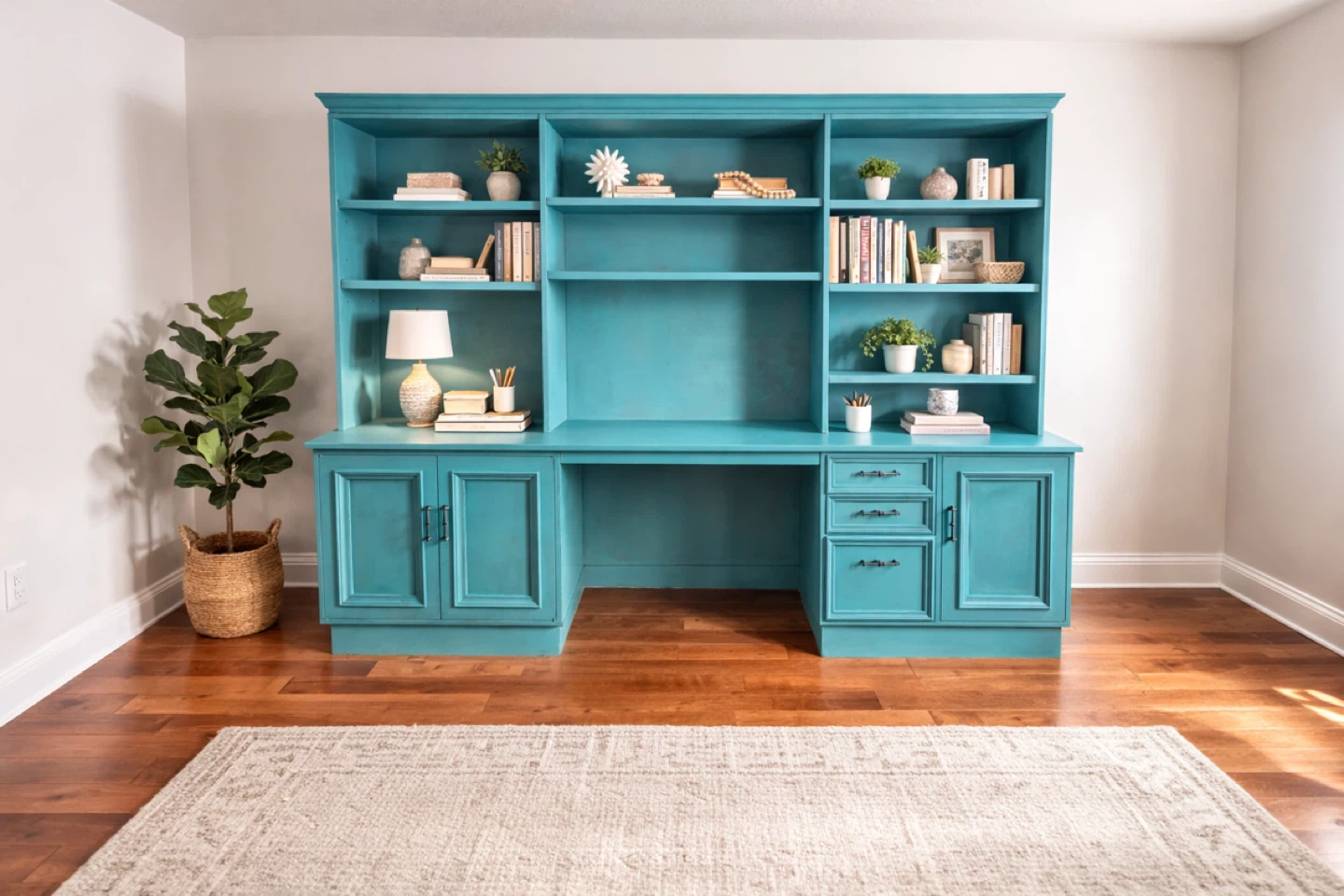 Teal Built-in Desk and Bookshelf Unit