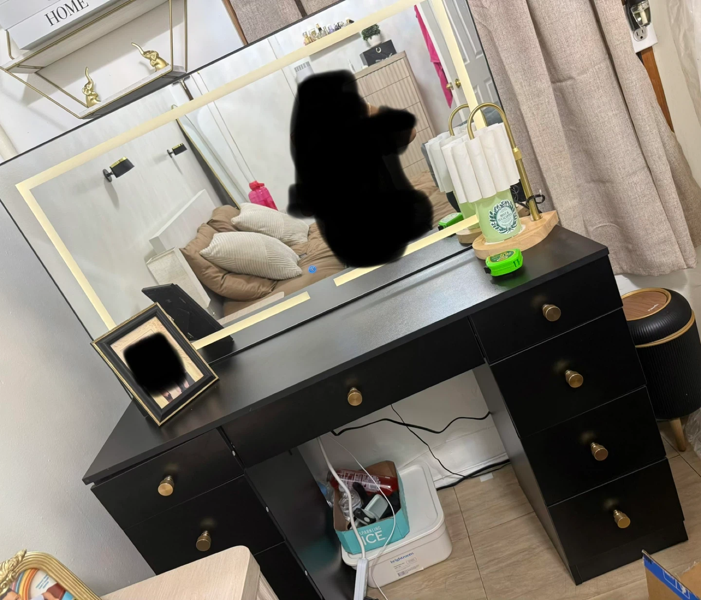 Black Vanity Desk with LED Mirror and Chair