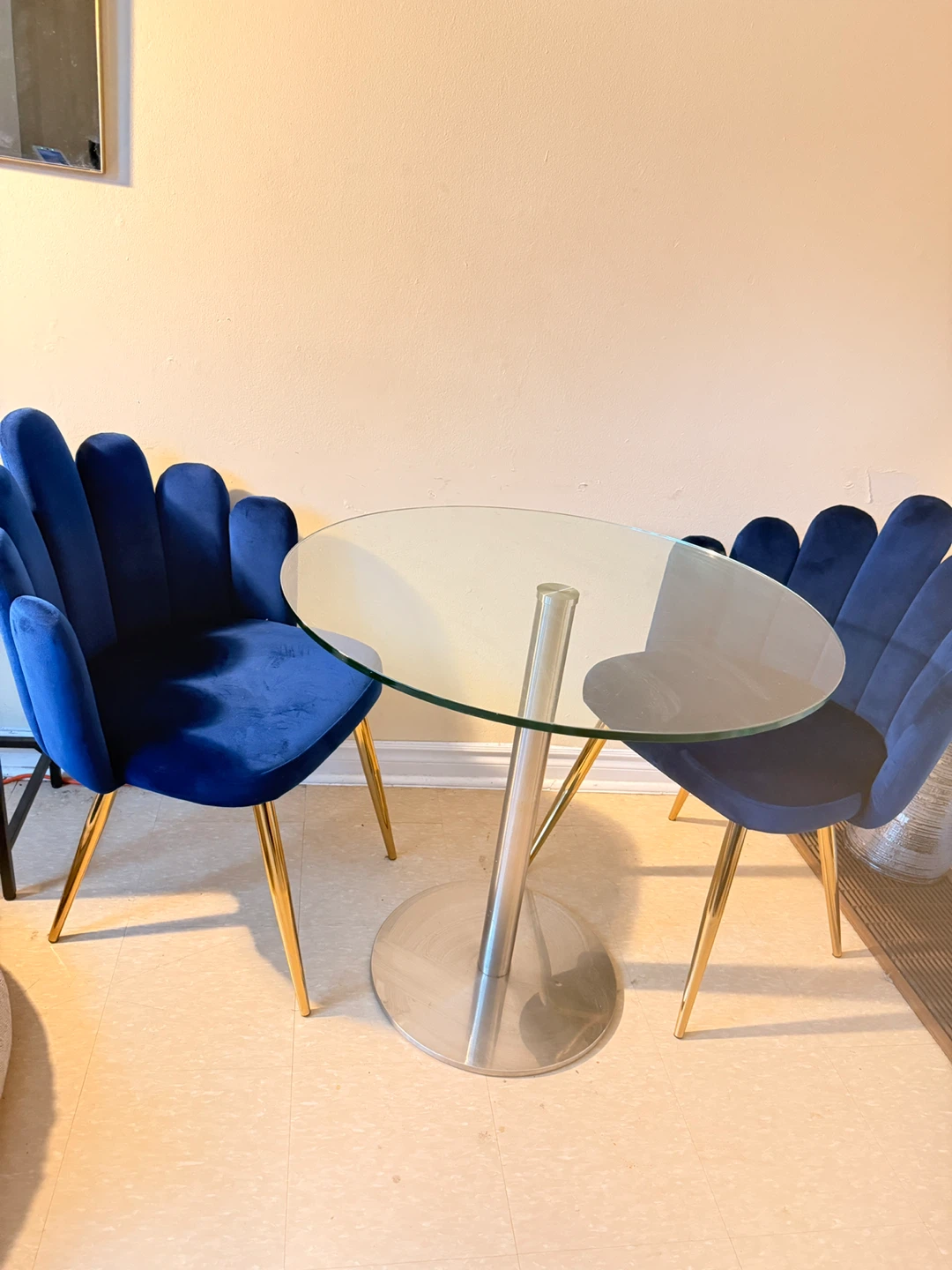 Oval Glass Top Dining Table with Blue Velvet Chairs - photo 4