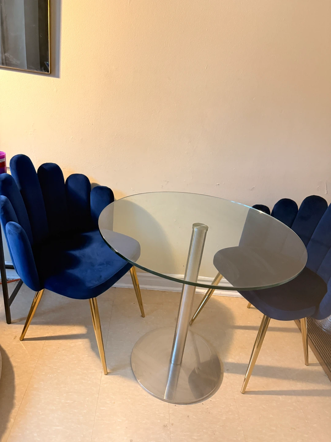 Oval Glass Top Dining Table with Blue Velvet Chairs - photo 3