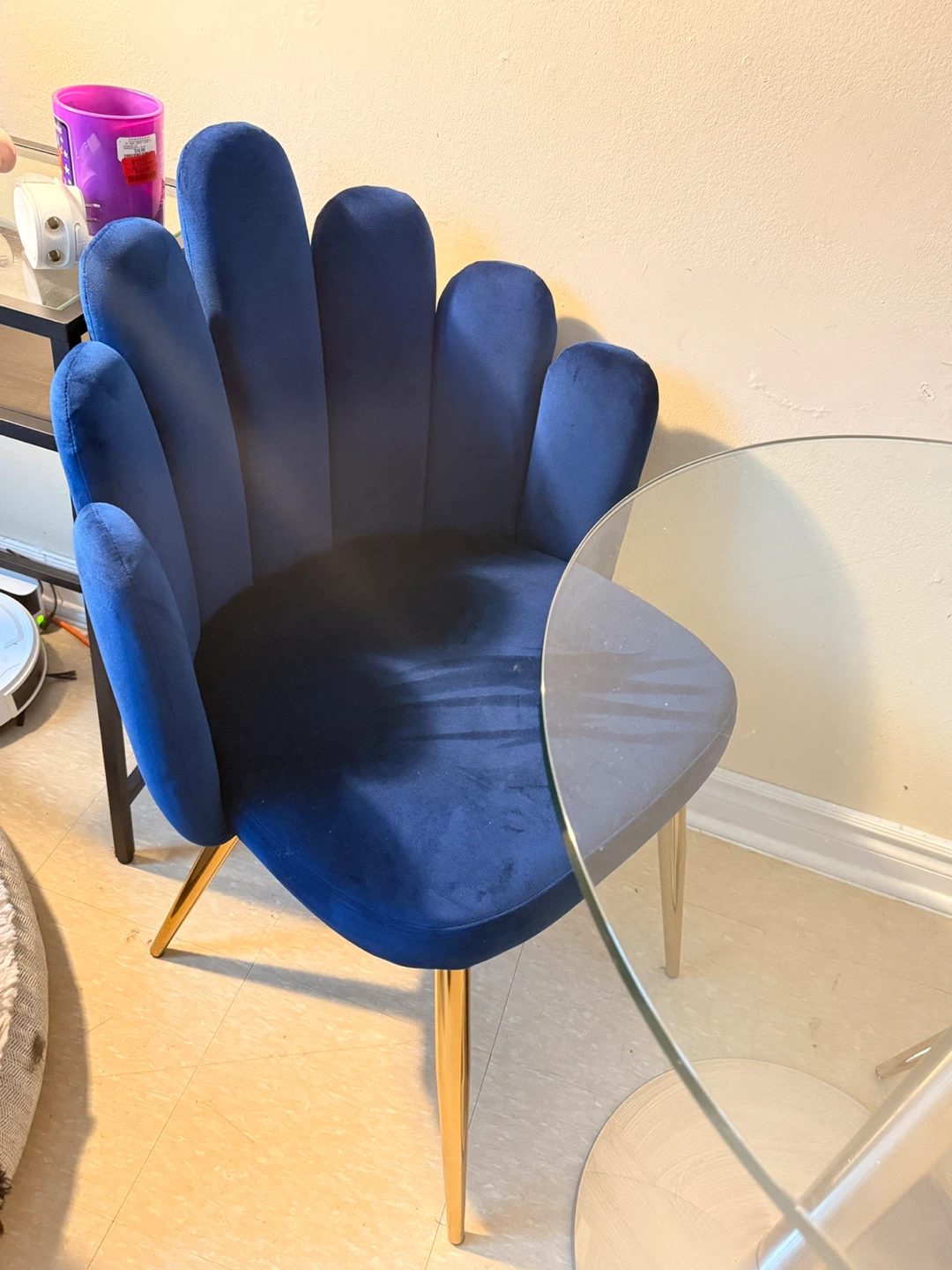 Oval Glass Top Dining Table with Blue Velvet Chairs