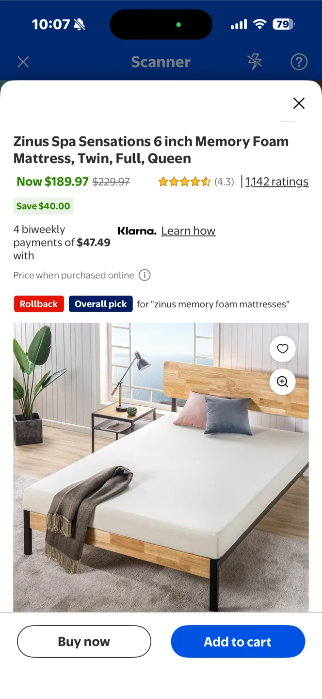 Zinus Spa Sensations 6 inch Memory Foam Mattress, Queen