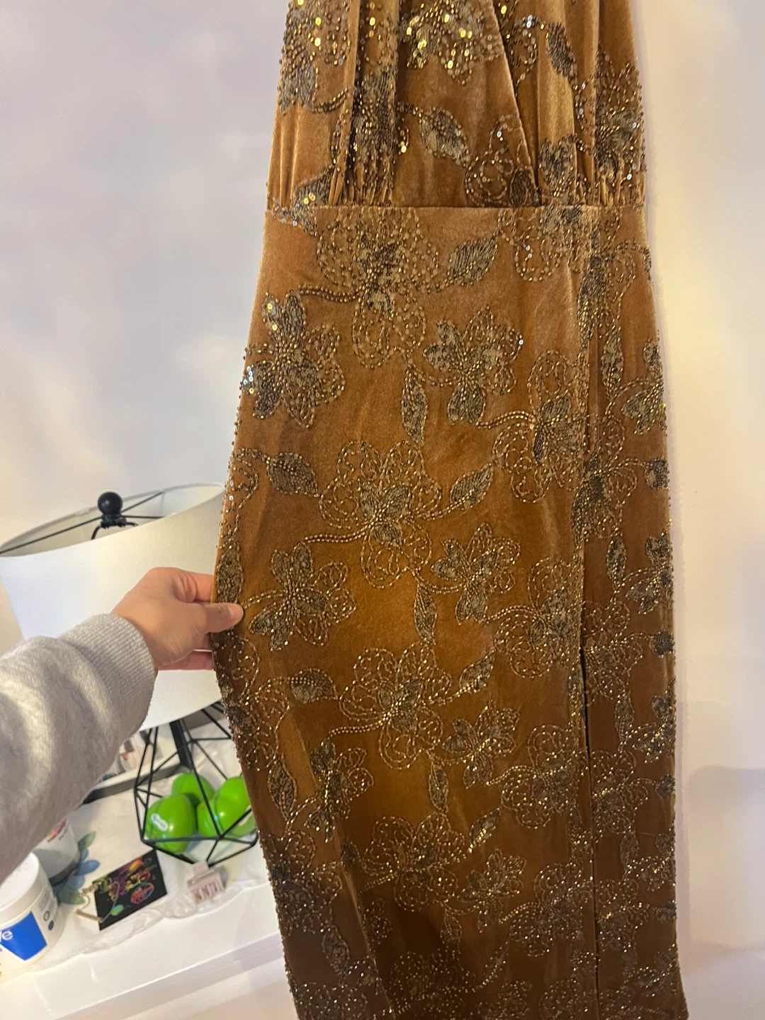 Brown Beaded Velvet Halter Dress - Size M - photo 2