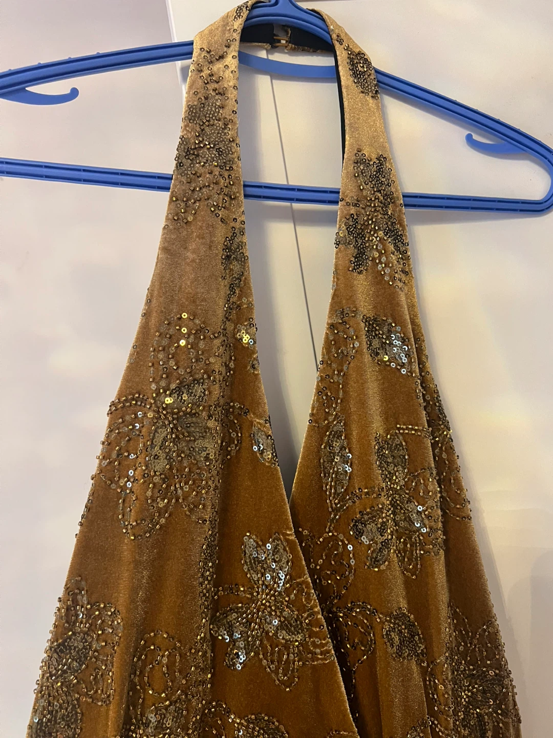 Brown Beaded Velvet Halter Dress - Size M