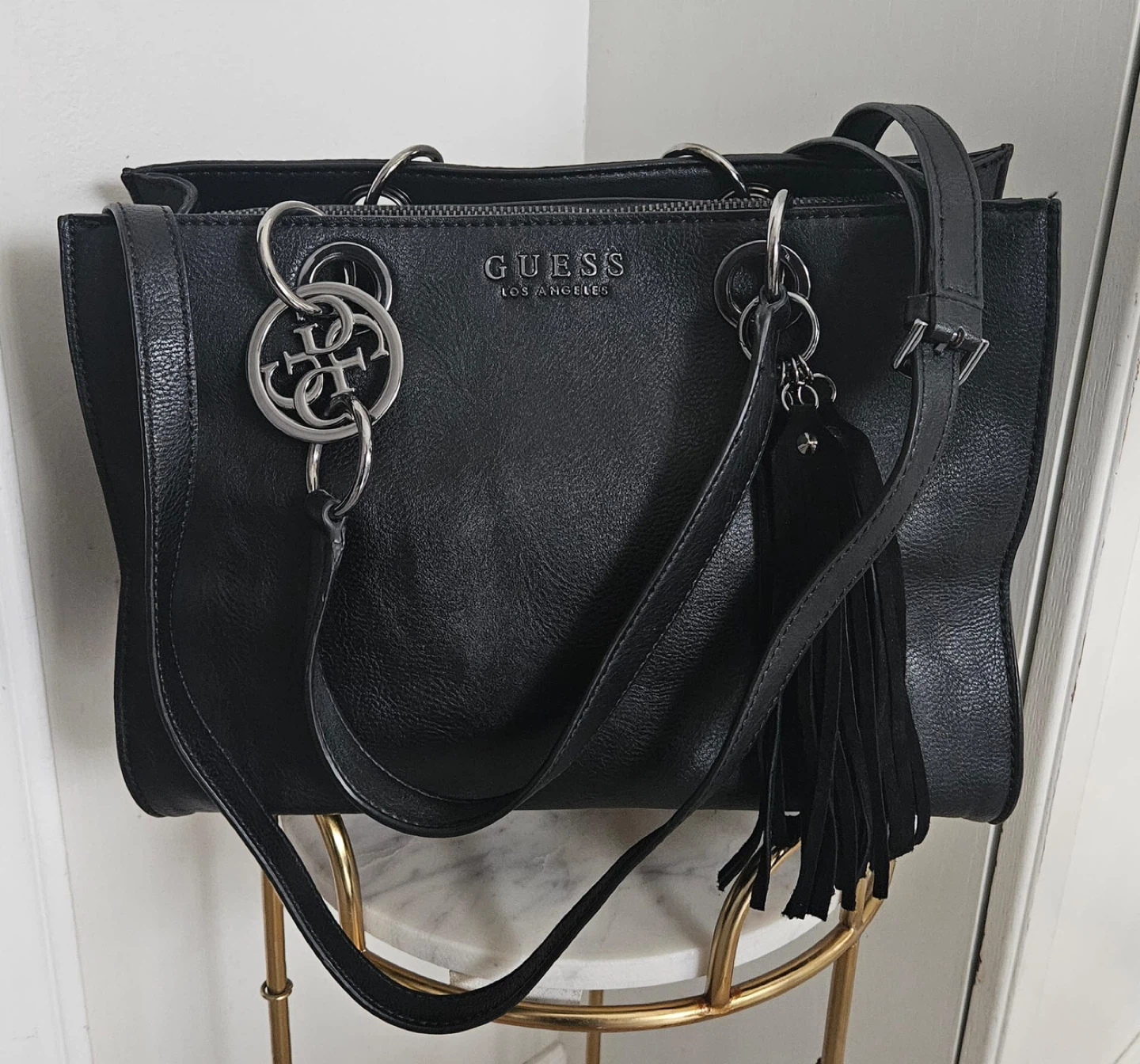 Black Guess Los Angeles Tote Bag with Tassel Accent