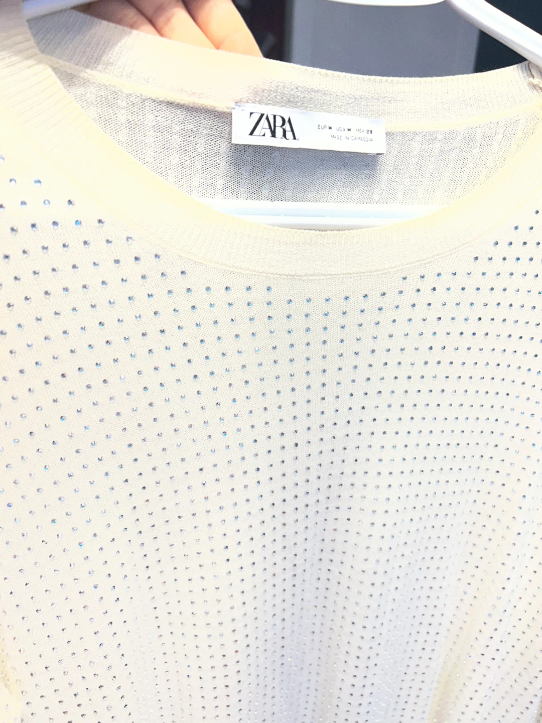 ZARA Cream Rhinestone Crew Neck Sweater - photo 3