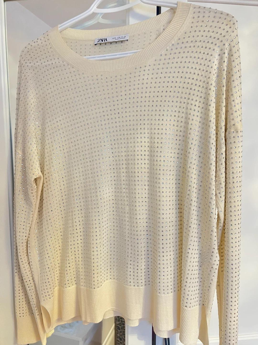 ZARA Cream Rhinestone Crew Neck Sweater