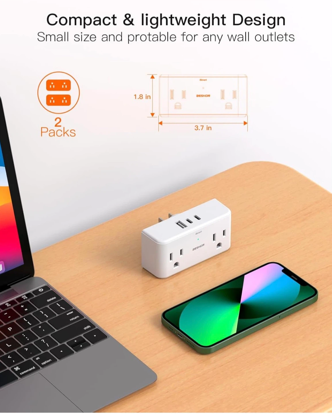 BESHON 3-Outlet Wall Tap with 2 USB-C and 1 USB-A Ports - photo 4