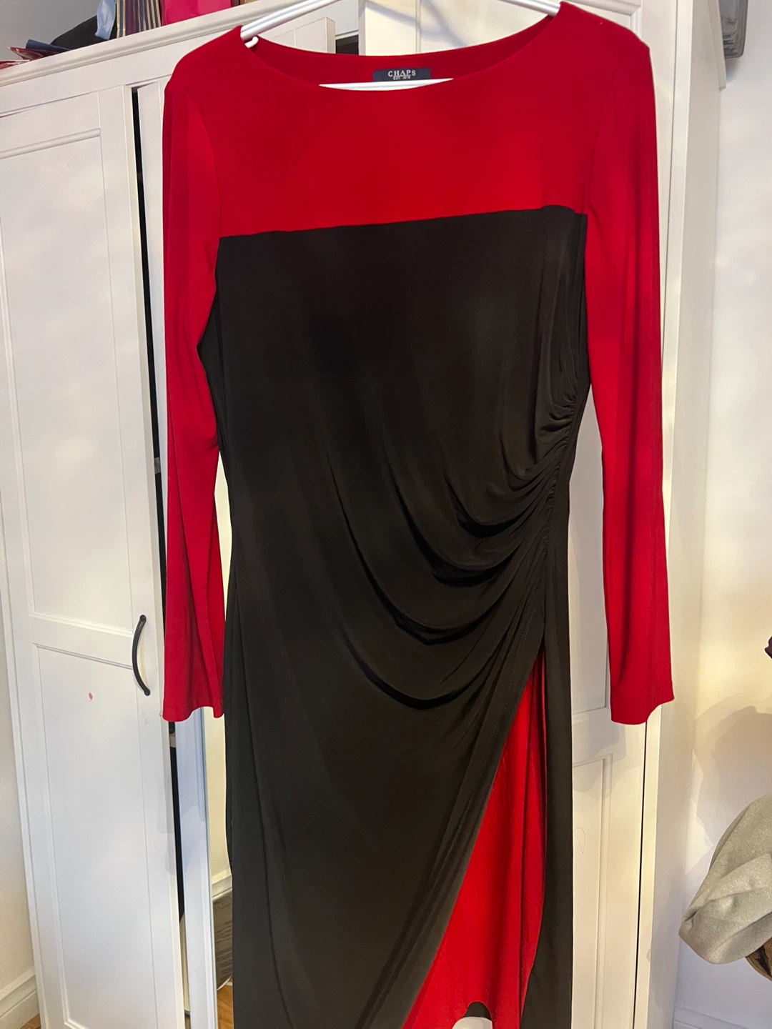 Chaps Red and Black Colorblock Ruched Dress L/G - photo 2