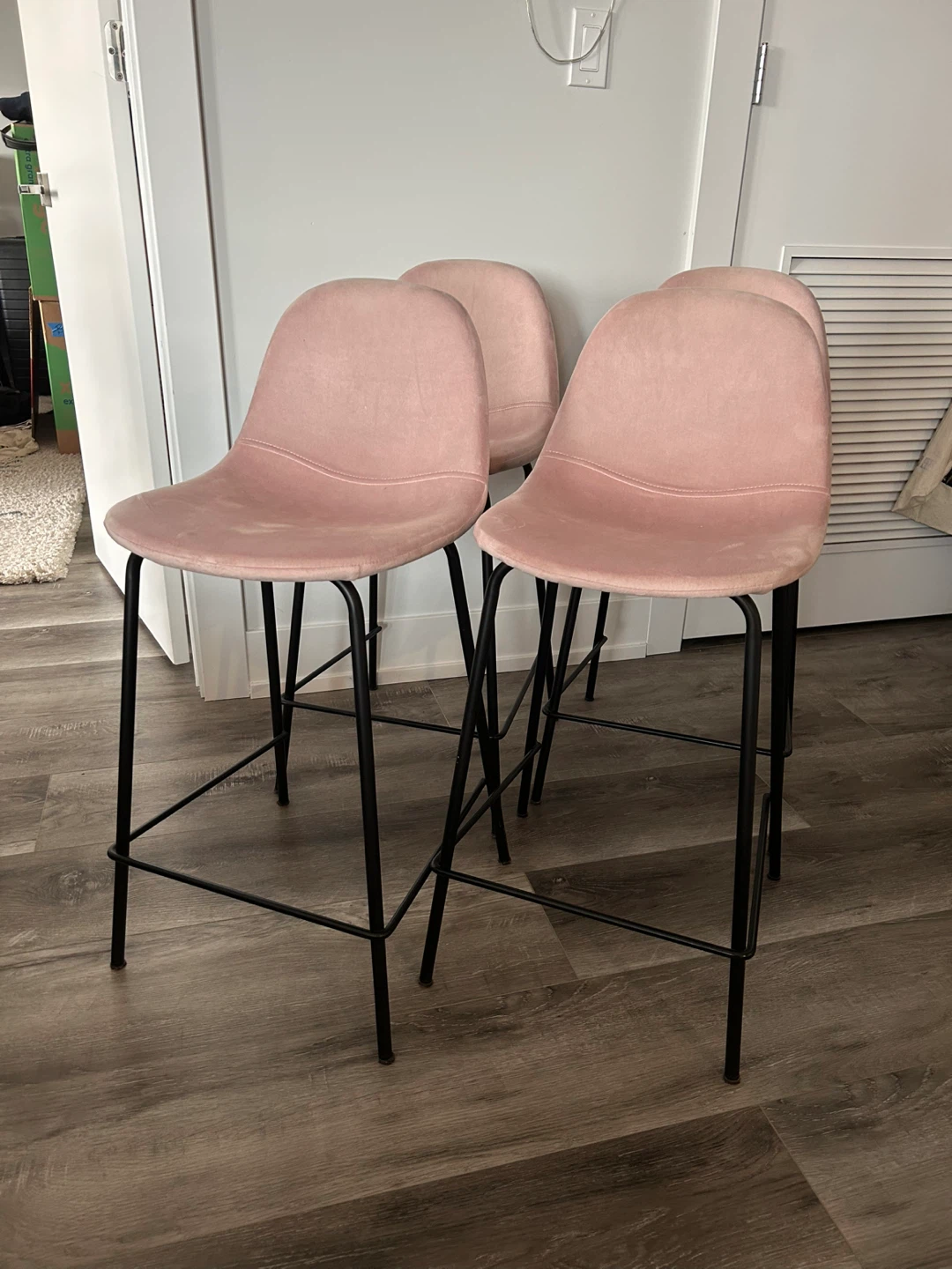 Light pink velvet upholstered counter bar stools (set of four)