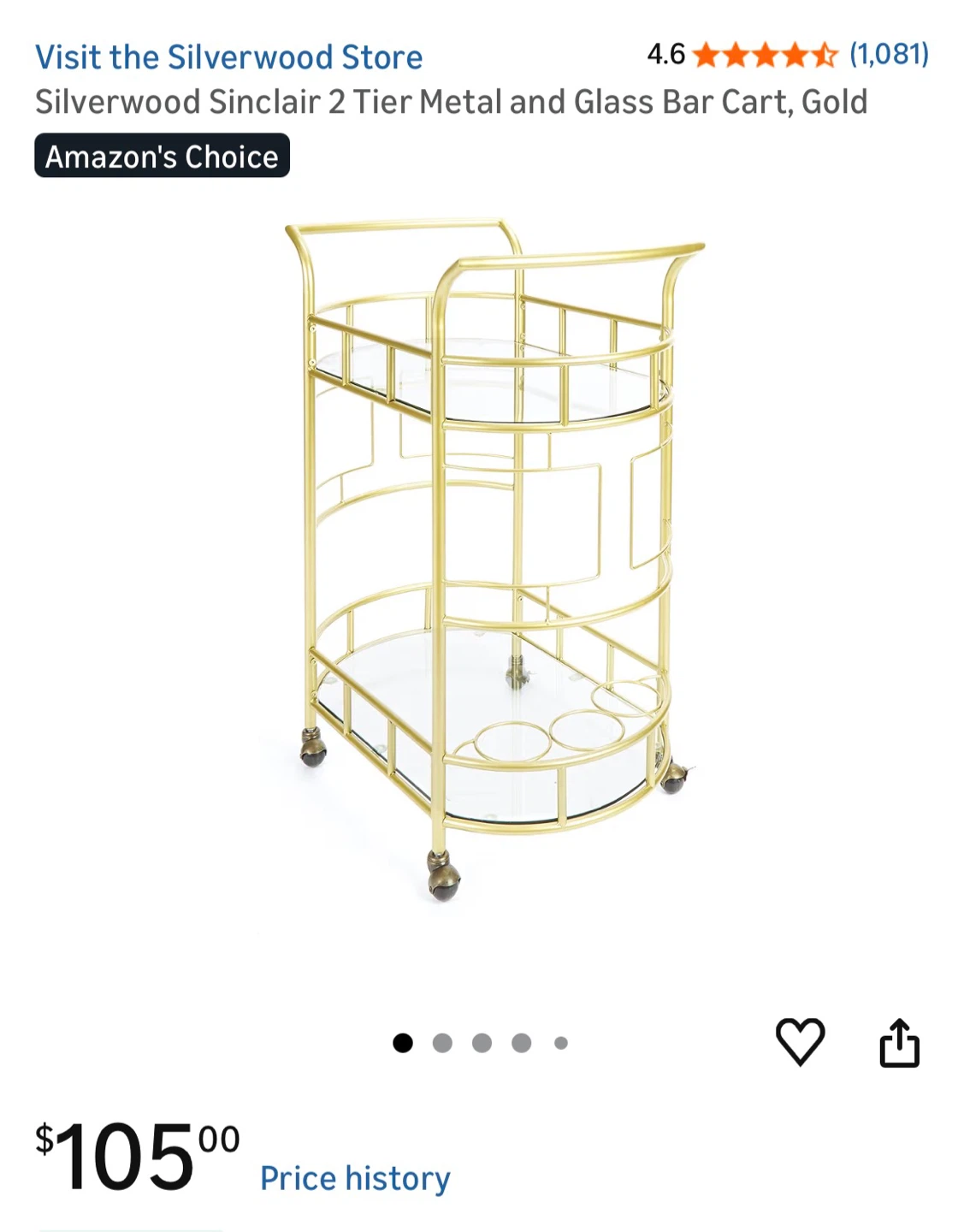 Two tier gold metal and glass bar cart - photo 2