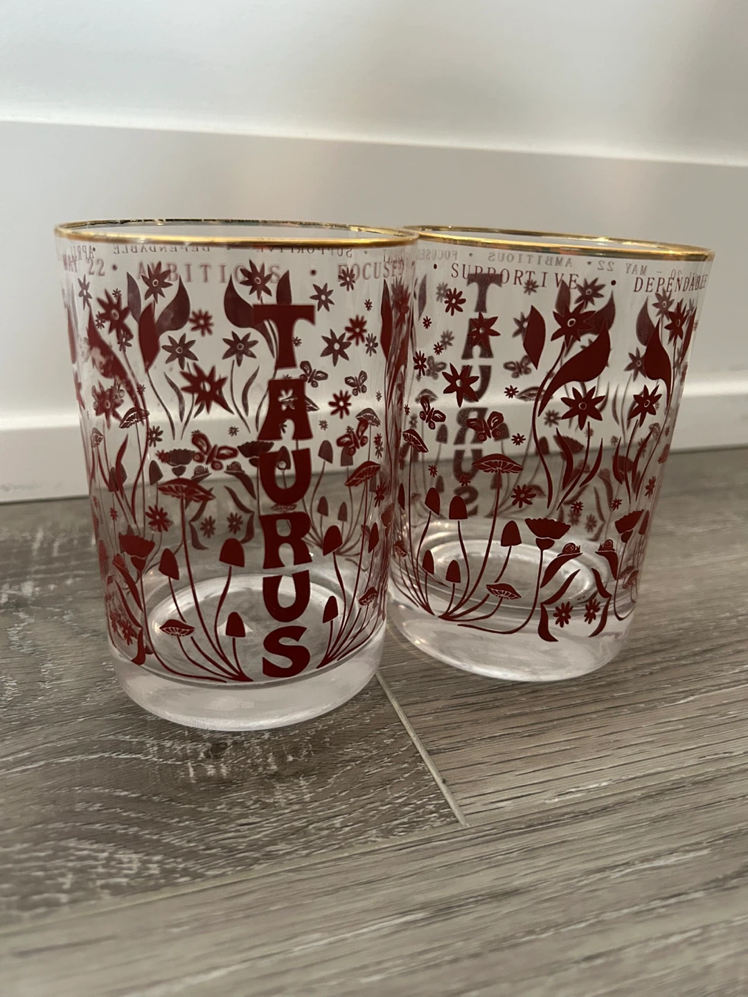 Set of 2 Zodiac "Taurus" Tumbler Glasses with Gold Rim