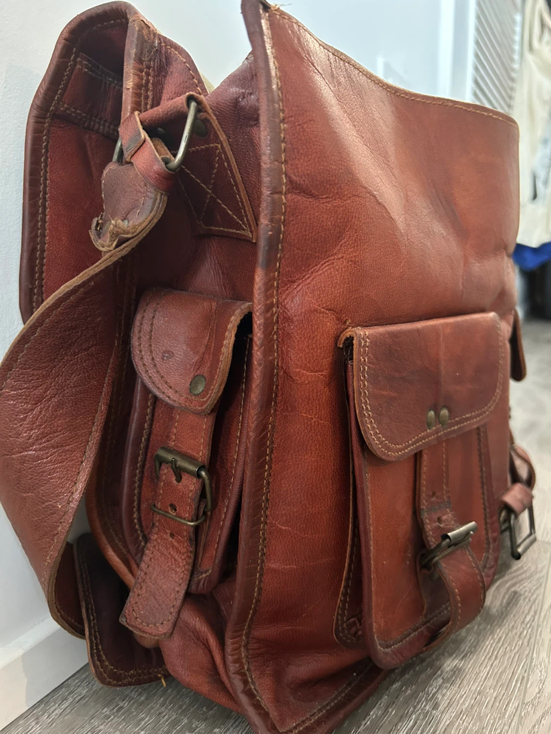 Vintage cognac leather satchel / messenger bag - photo 4