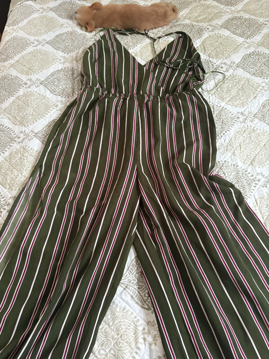 Olive Green Striped Wide Leg Jumpsuit