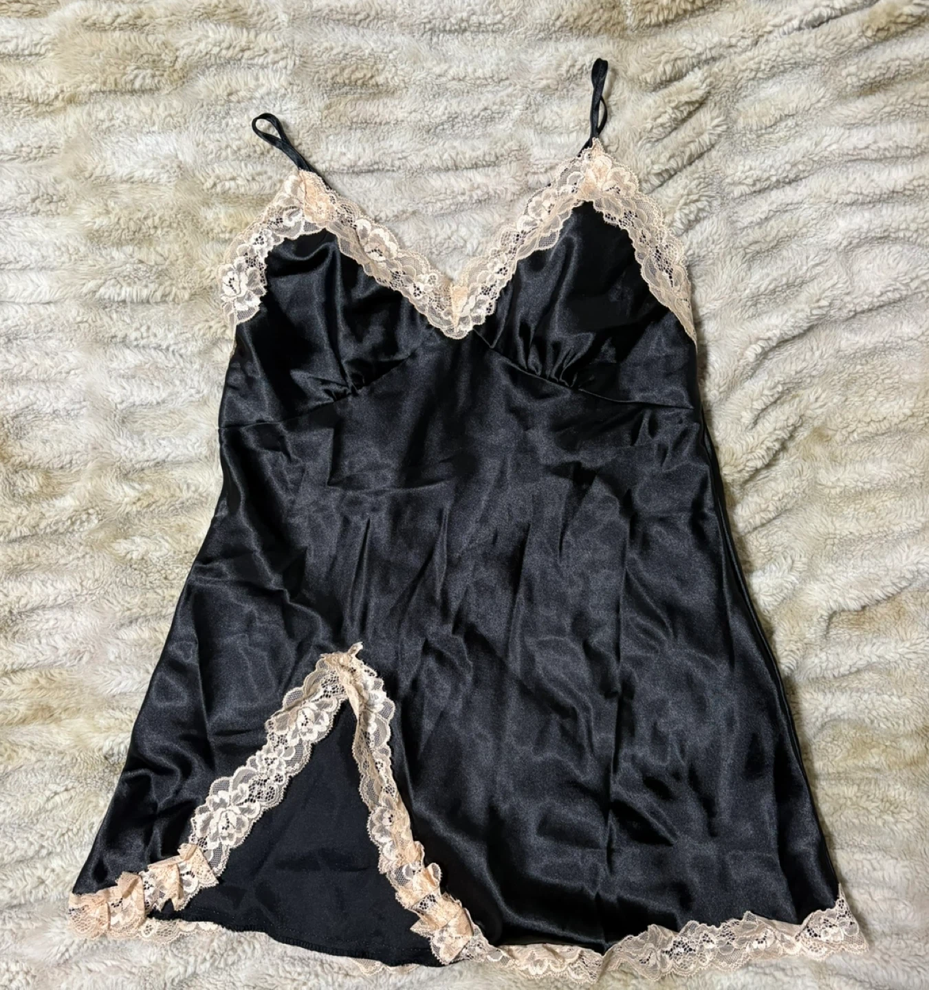 Black Satin Slip with Lace Trim